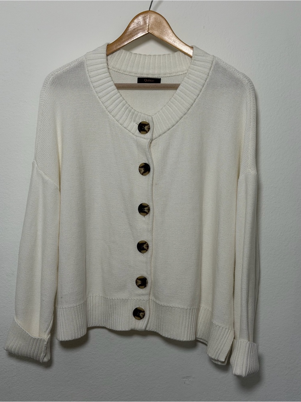 Quince Cream Button-Up Knit Cardigan with Tortoiseshell Buttons